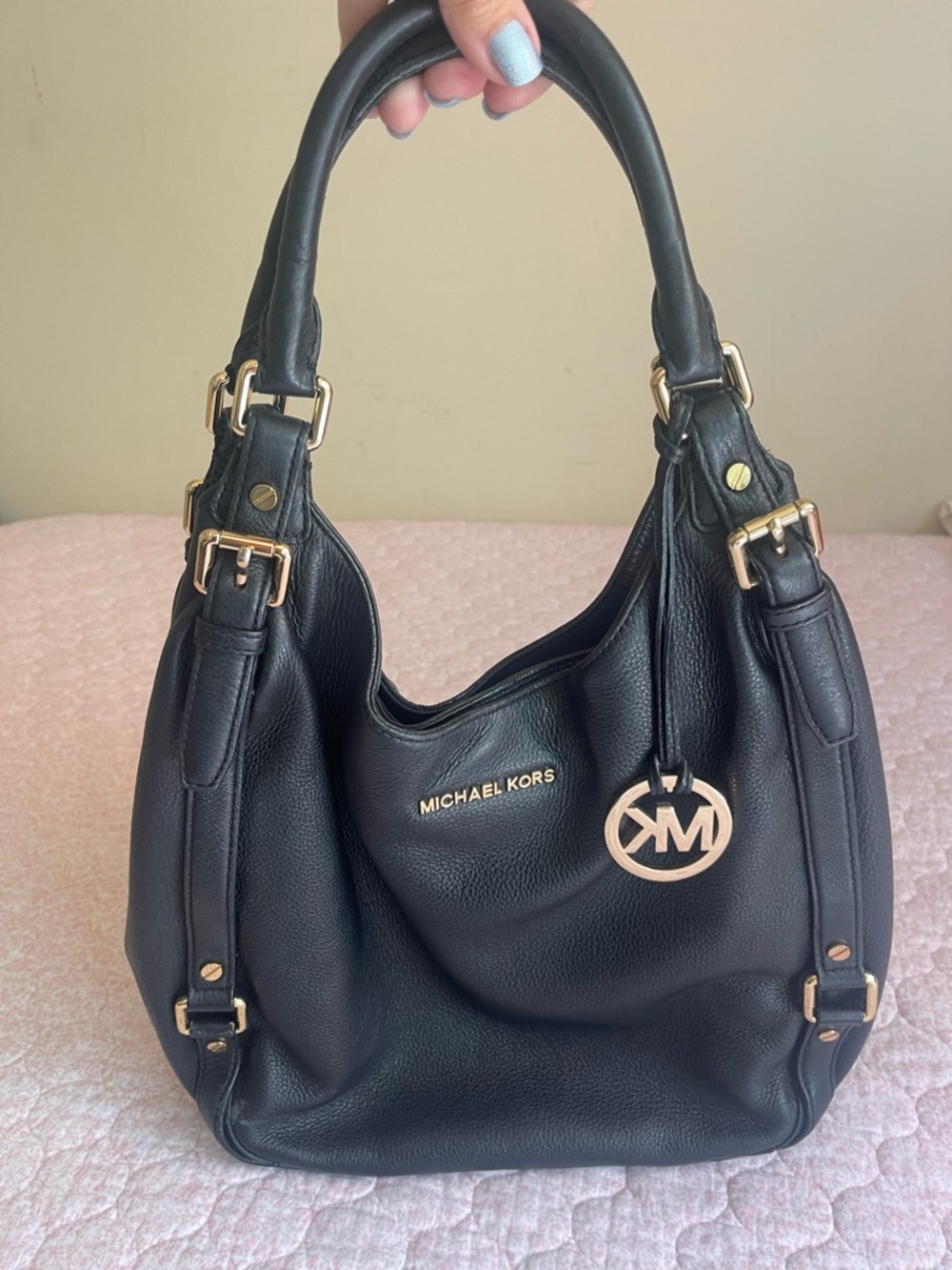 Michael Kors Black Pebbled Leather Shoulder Hobo with Gold Hardware